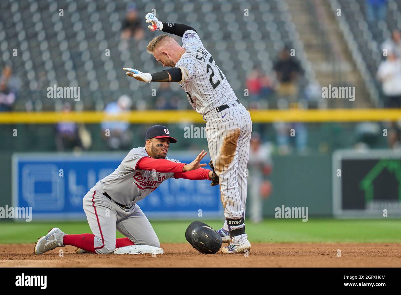Denver CO, USA. 29th Sep, 2021. Washington second basemen Luis Garcia (2) makes a play during the game with Washington Nationals and Colorado Rockies held at Coors Field in Denver Co. David Seelig/Cal Sport Medi. Credit: csm/Alamy Live News Stock Photo