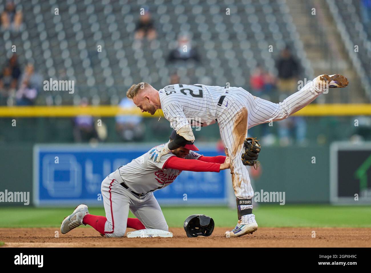 Denver CO, USA. 29th Sep, 2021. Washington second basemen Luis Garcia (2) makes a play during the game with Washington Nationals and Colorado Rockies held at Coors Field in Denver Co. David Seelig/Cal Sport Medi. Credit: csm/Alamy Live News Stock Photo