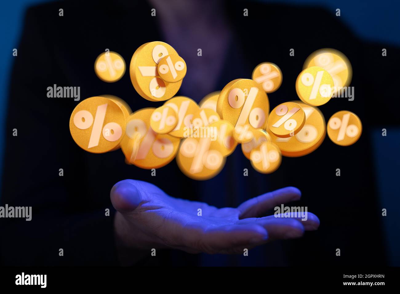 3D rendering of exploding yellow discount icons with percent symbols ...