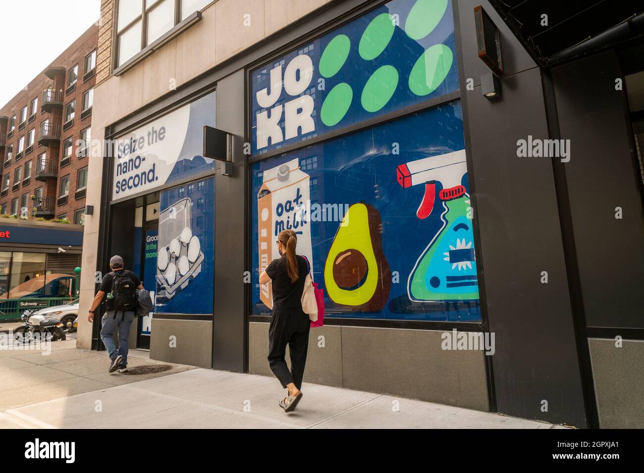 A distribution store for grocery delivery service Jokr in the Chelsea neighborhood of New York on Tuesday, September 14, 2021. Gorillas, 1520, Buyk, Jokr and Fridge No More are competing for the instant delivery space in New York. (© Richard B. Levine) Stock Photo