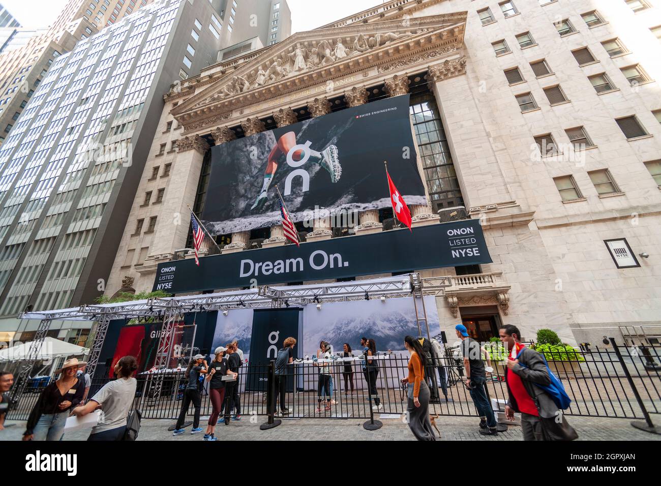 The facade of the New York Stock Exchange is decorated for the initial  public offering of On Holdings, the sneaker manufacturer, on Wednesday,  September 15, 2021. Roger Federer is reported to be