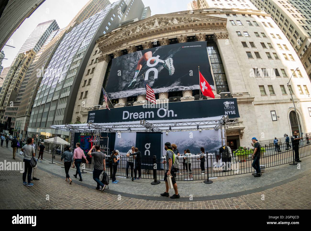 The facade of the New York Stock Exchange is decorated for the initial  public offering of On Holdings, the sneaker manufacturer, on Wednesday,  September 15, 2021. Roger Federer is reported to be