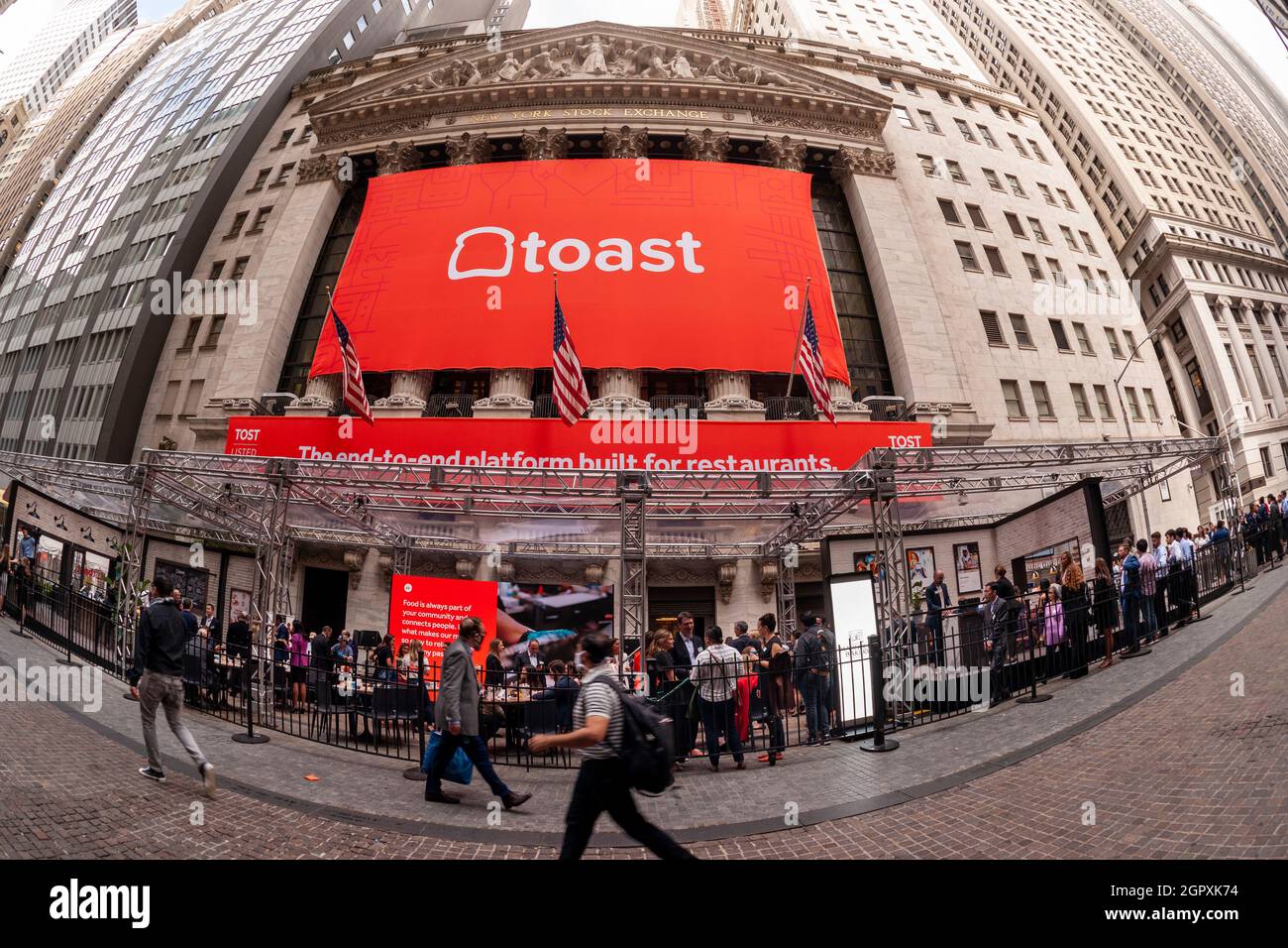 The New York Stock Exchange is decorated for the initial public offering of Toast on Wednesday, September 22, 2021. Toast is a restaurant management platform used in over 48,000 restaurants taking revenue from fees associated with payment transactions.  (© Richard B. Levine) Stock Photo