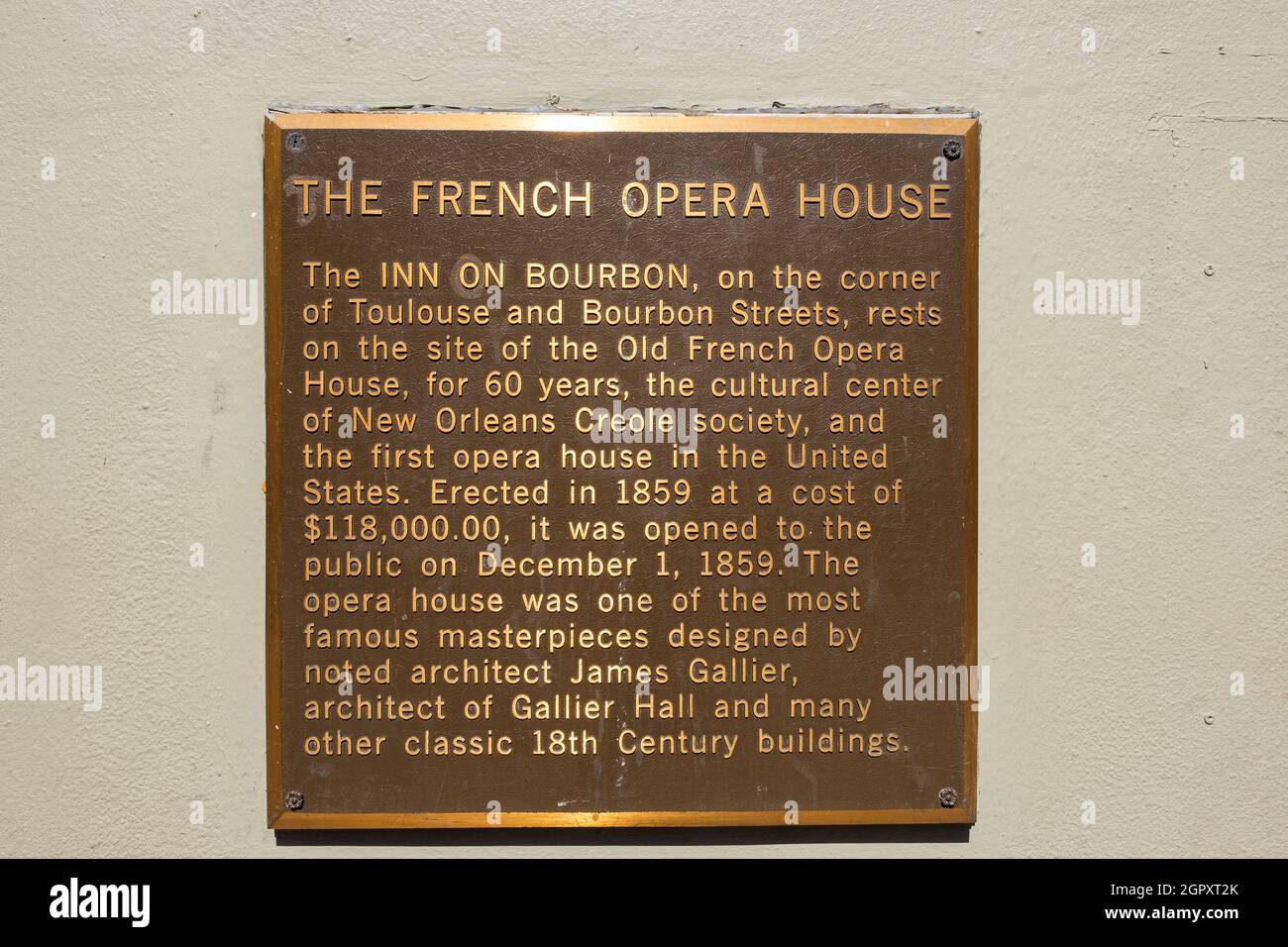 NEW ORLEANS, LA, USA -SEPTEMBER 26, 2021: The French Opera House plaque in the French Quarter Stock Photo
