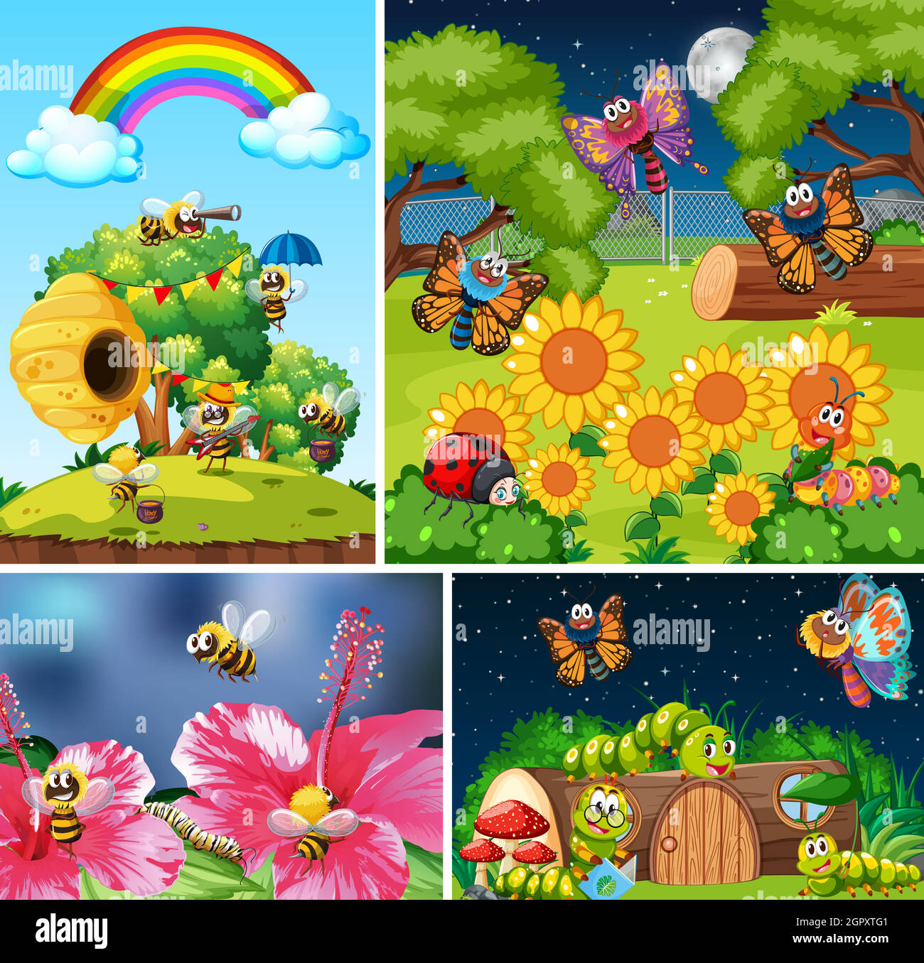 Set of different insects living in the garden background Stock Vector