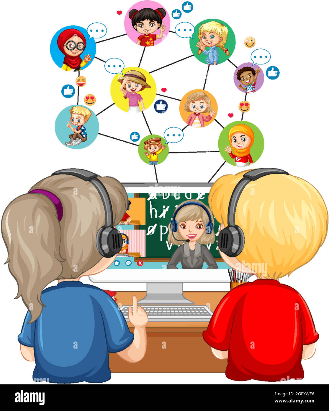 Back view of a couple kid looking at computer for online learning on white background Stock Vector