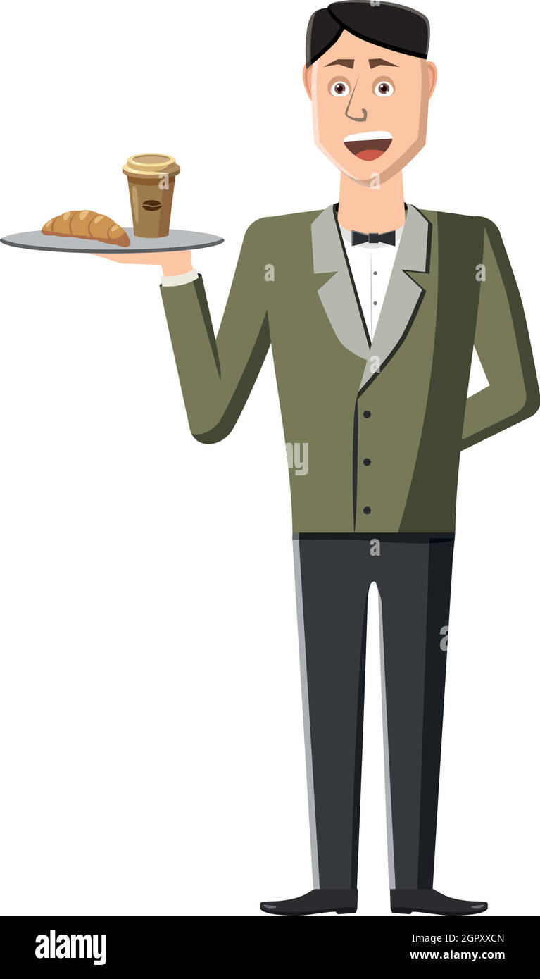 Waiter holding tray with food icon, cartoon style Stock Vector