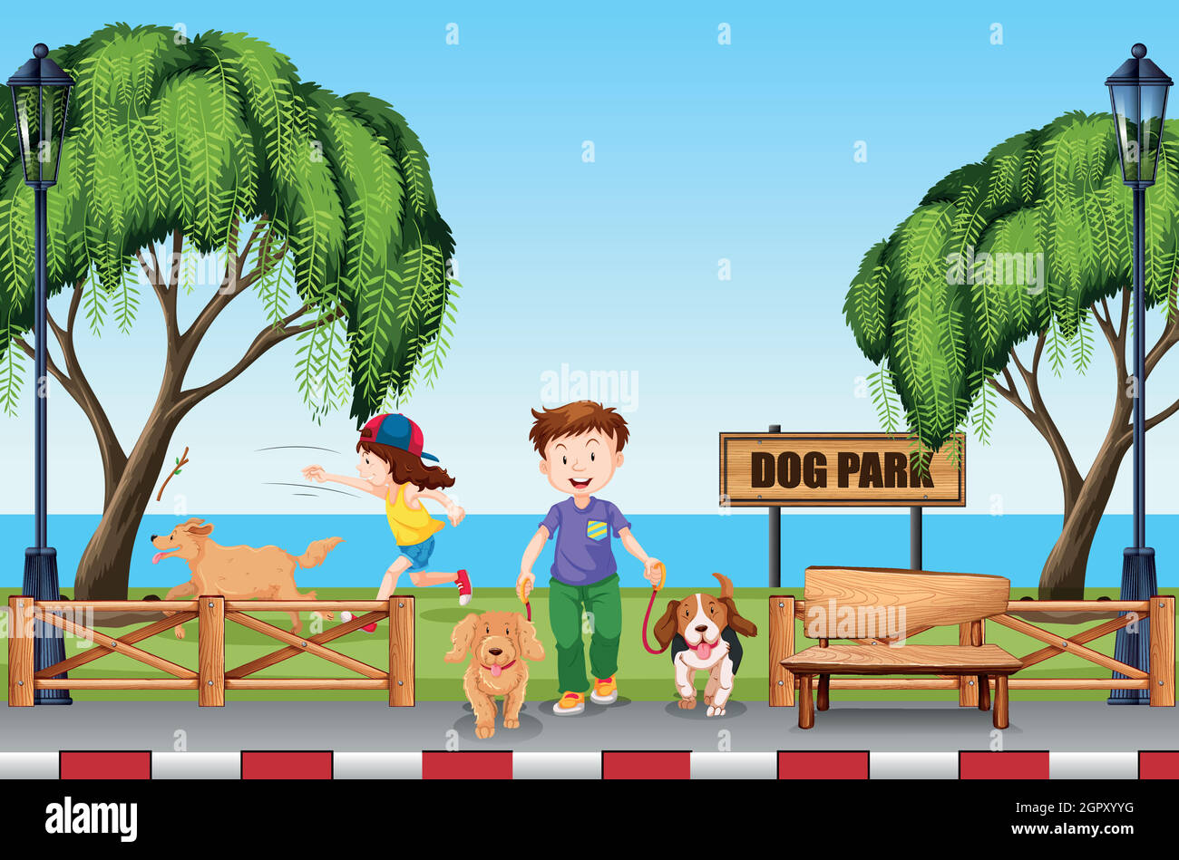 People at the dog park with their dogs Stock Vector