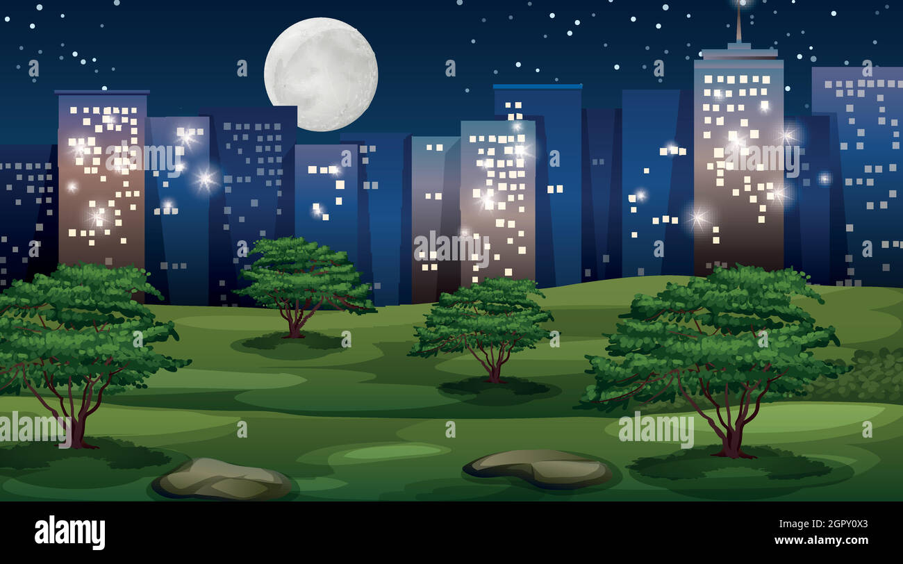 Cityscape at night with park in foreground Stock Vector