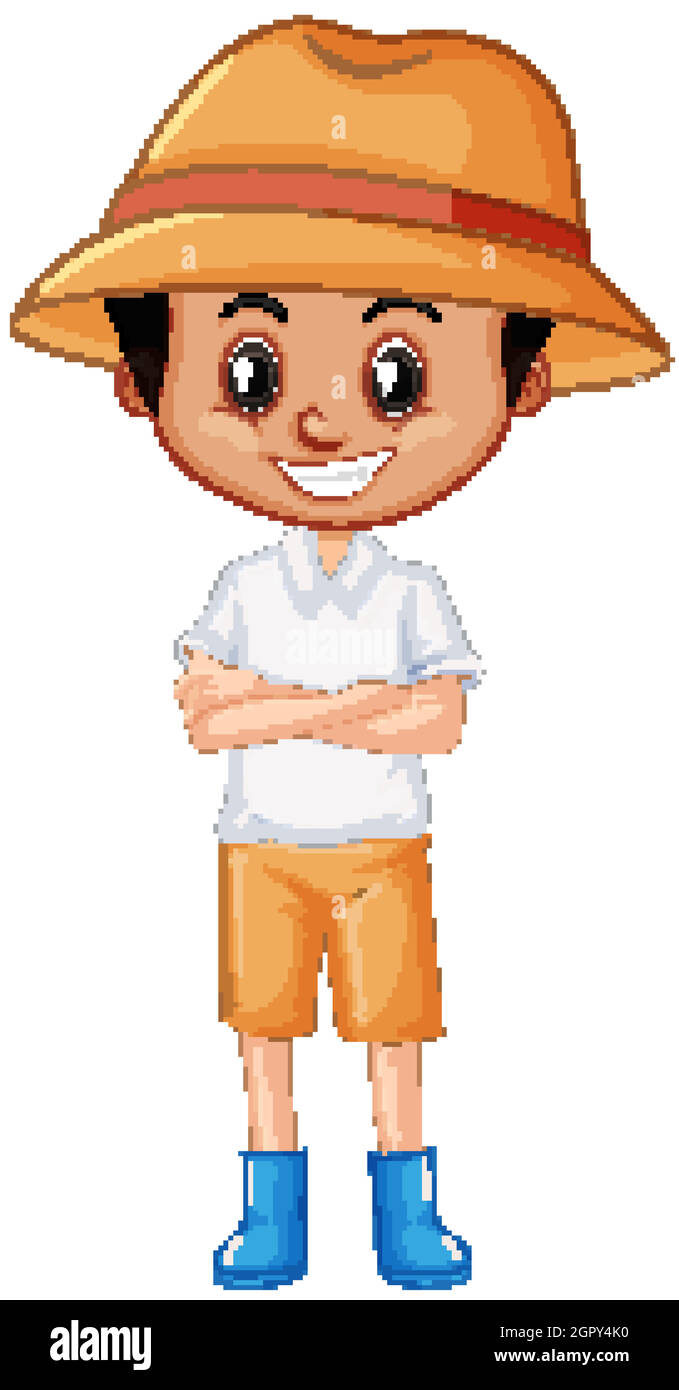 Cute boy wearing hat and blue boots on white background Stock Vector ...