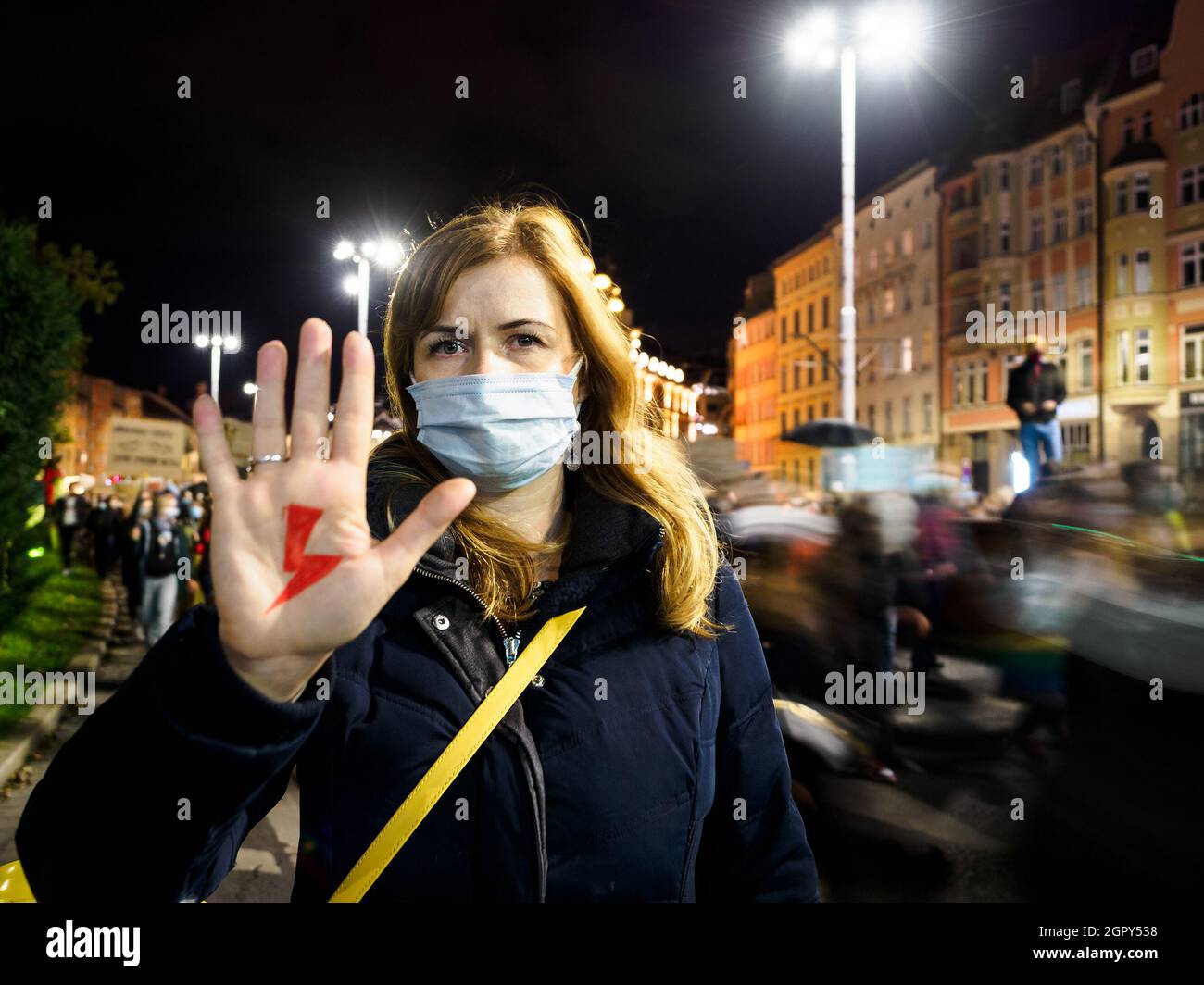 Woman Has Drawn A Sign Lightning On Hand. Women Protest Against Tightening Of Abortion Law. Poland. Stock Photo
