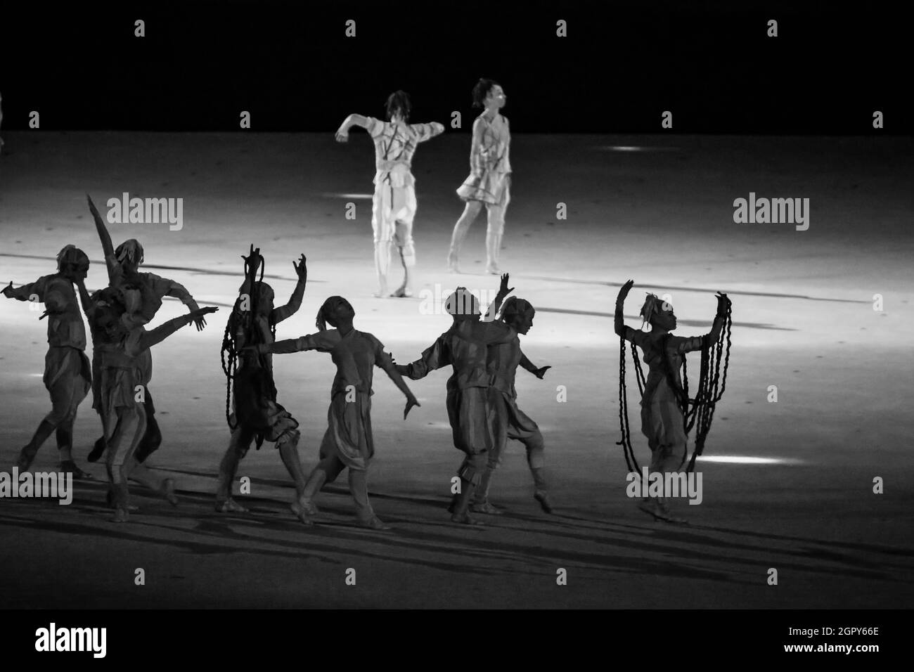 JULY 23rd, 2021 - TOKYO, JAPAN: Apart but not Alone segment of the 2020 Tokyo Olympics Opening Ceremony featuring abstract dancers wearing white outfi Stock Photo