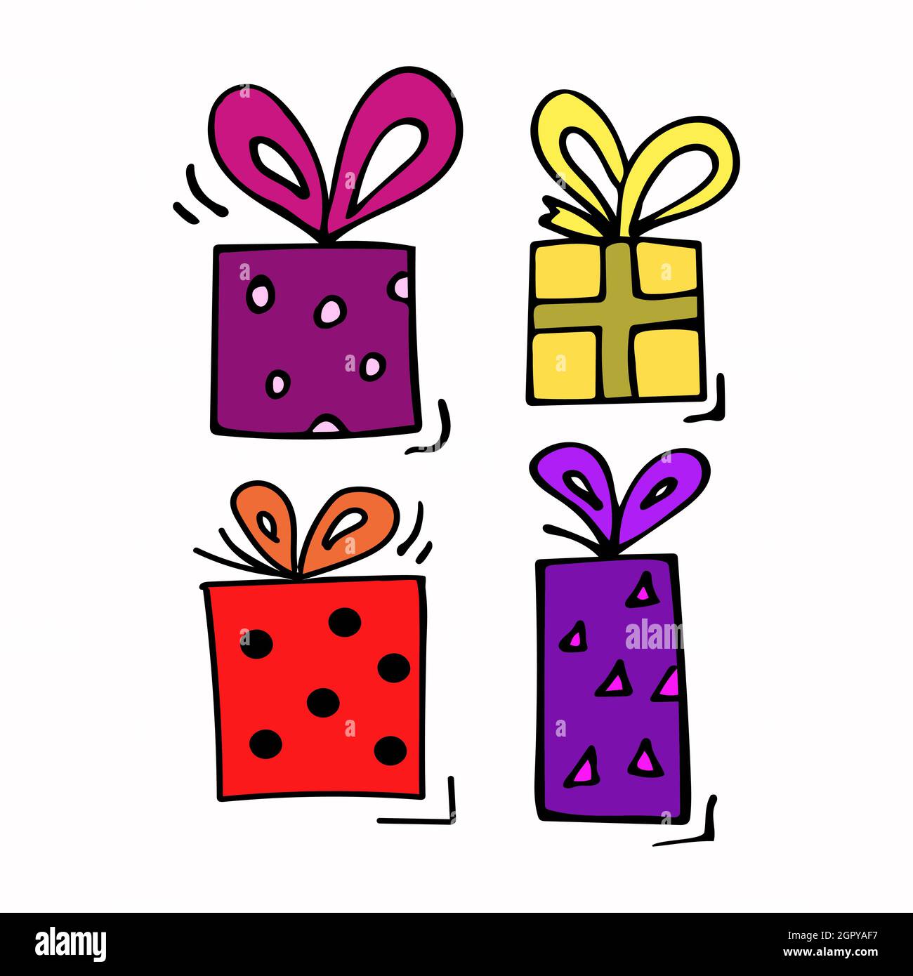 Hand drawn vector with bright presents. Doodle style. Stock Vector