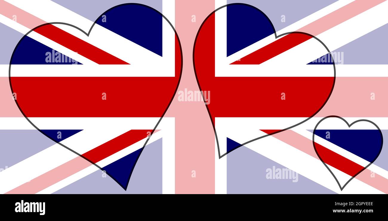 British Union Jack Flag within a selection of heart cutoits all over a ...