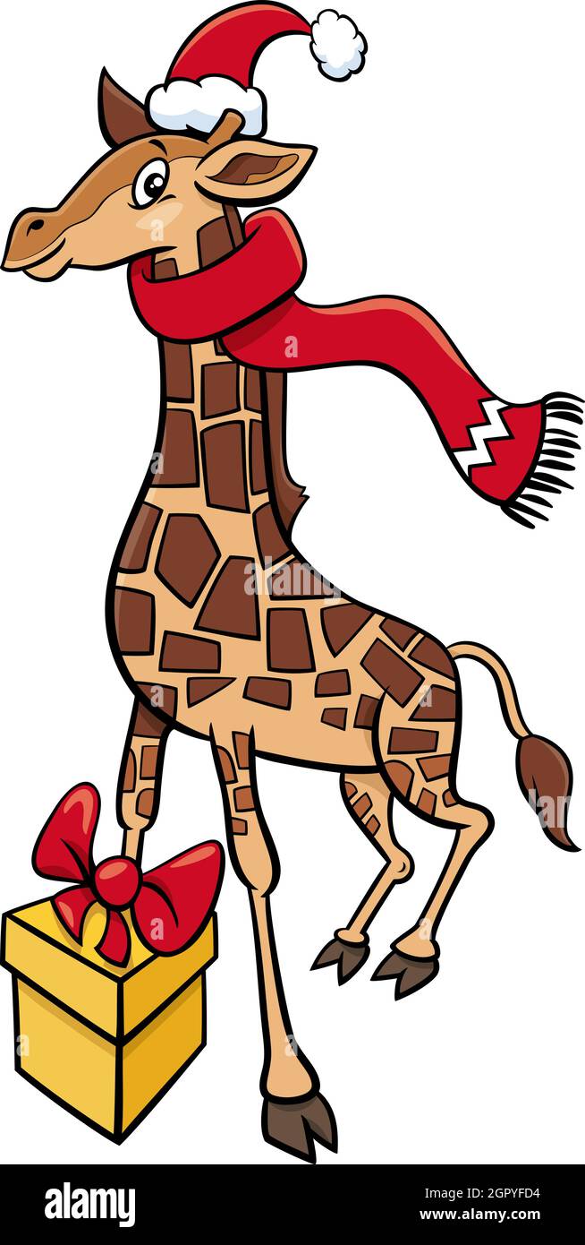 Cartoon illustration of giraffe animal character with present on Christmas time Stock Vector