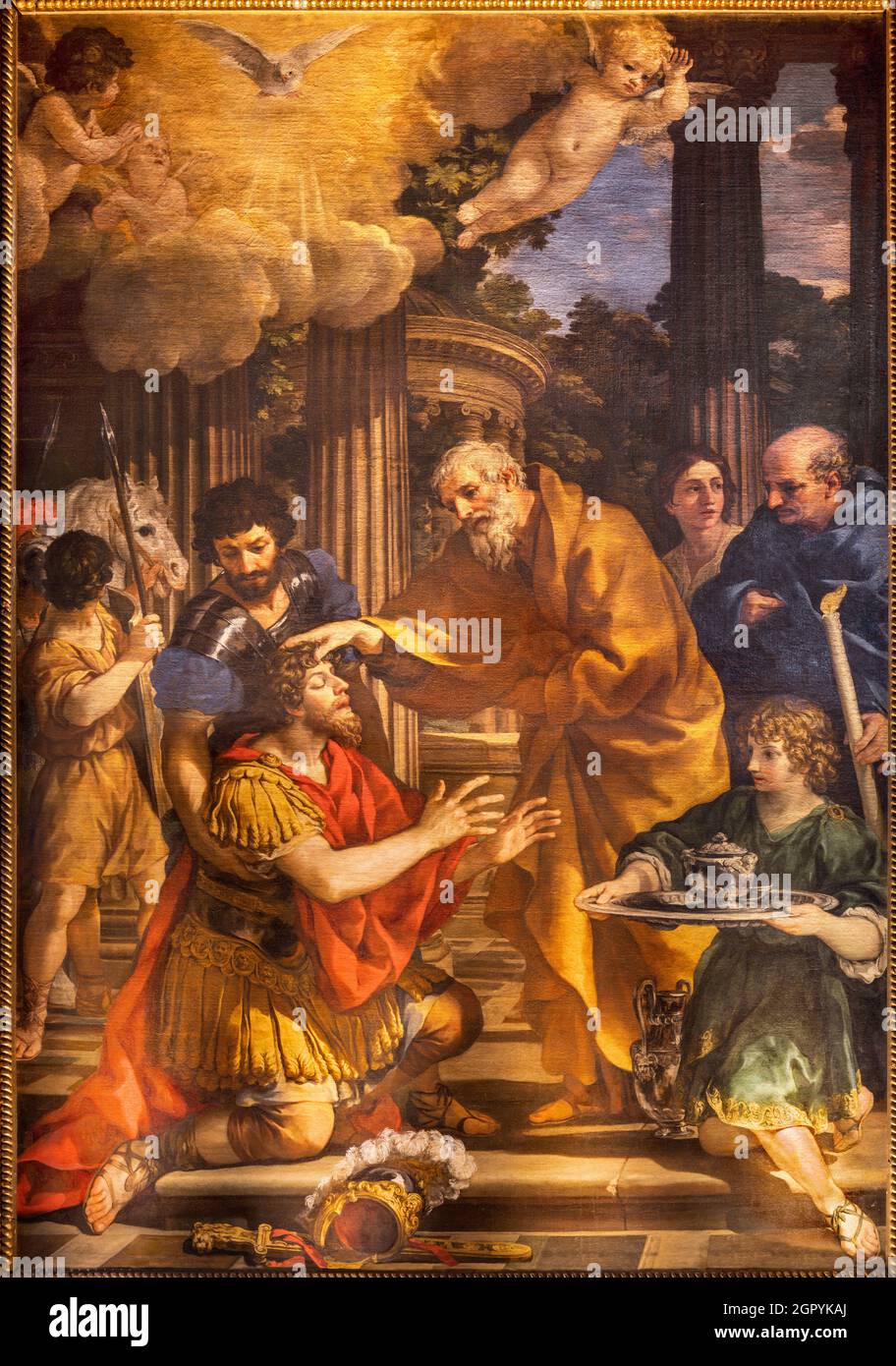 ROME, ITALY - AUGUST 31, 2021: The painting Baptism of St. Paul in the church Santa Maria della Concezione dei Cappuccini Stock Photo