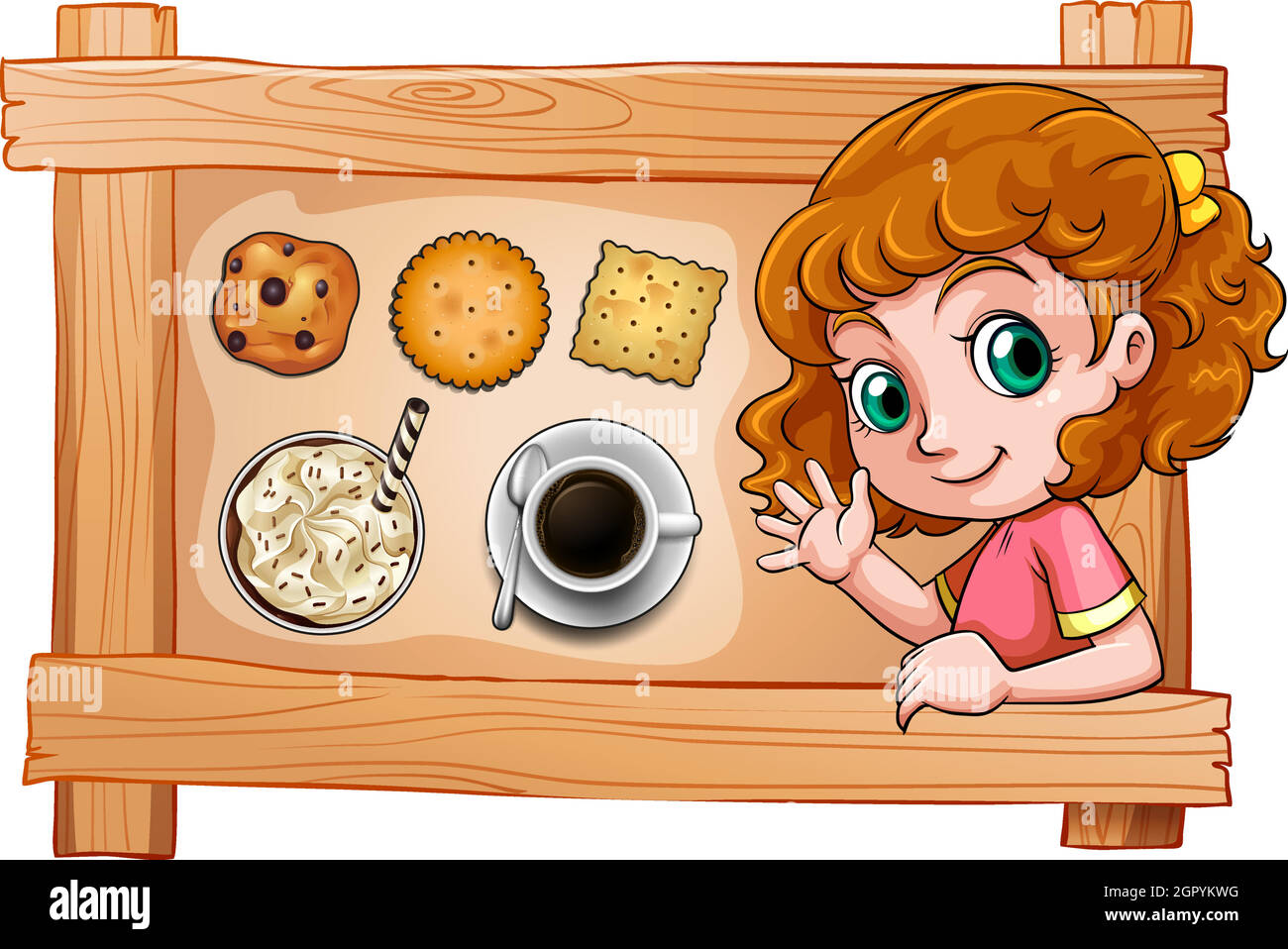 A frame with a young girl with drinks and biscuits Stock Vector
