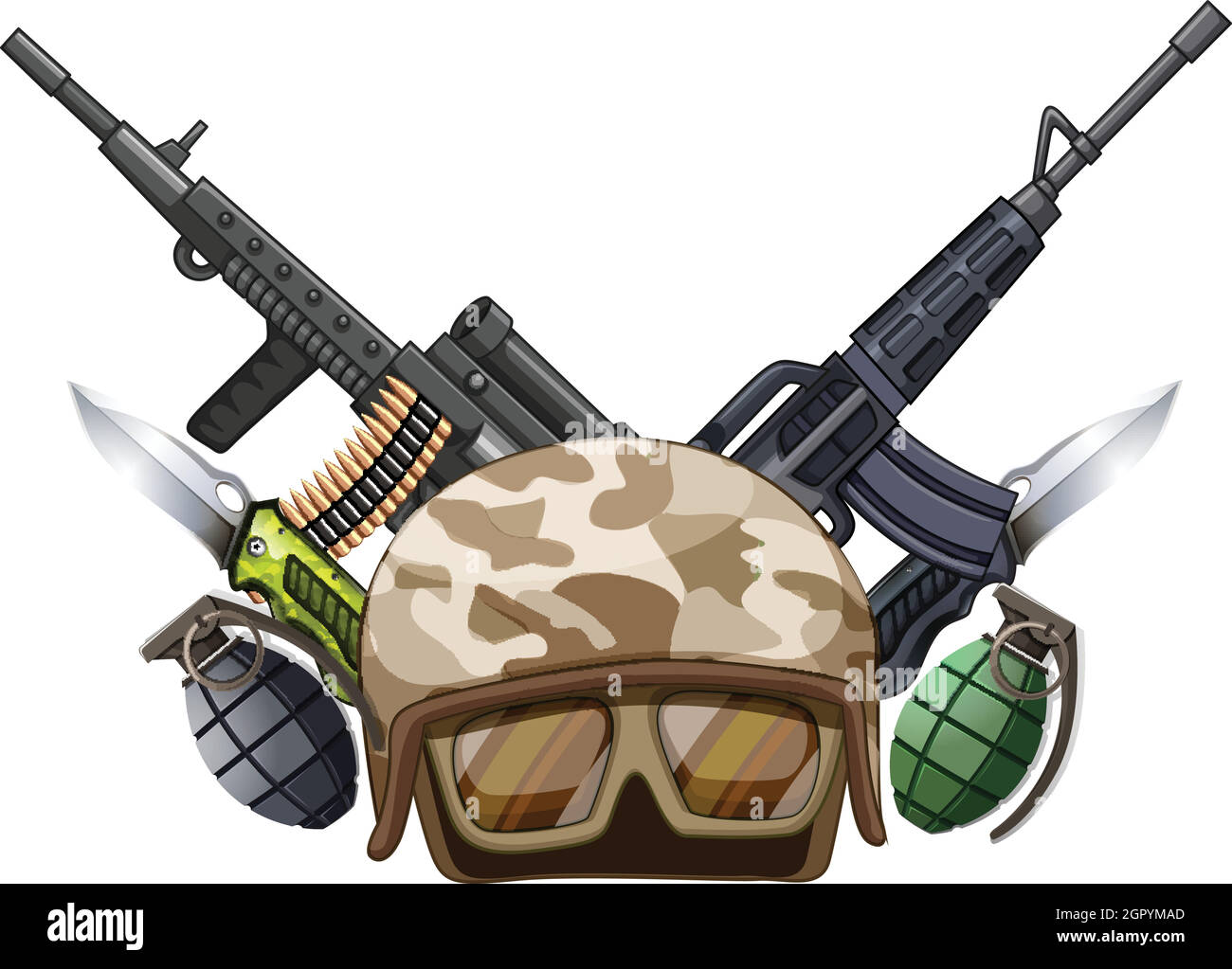 Many weapons and soldier helmet Stock Vector