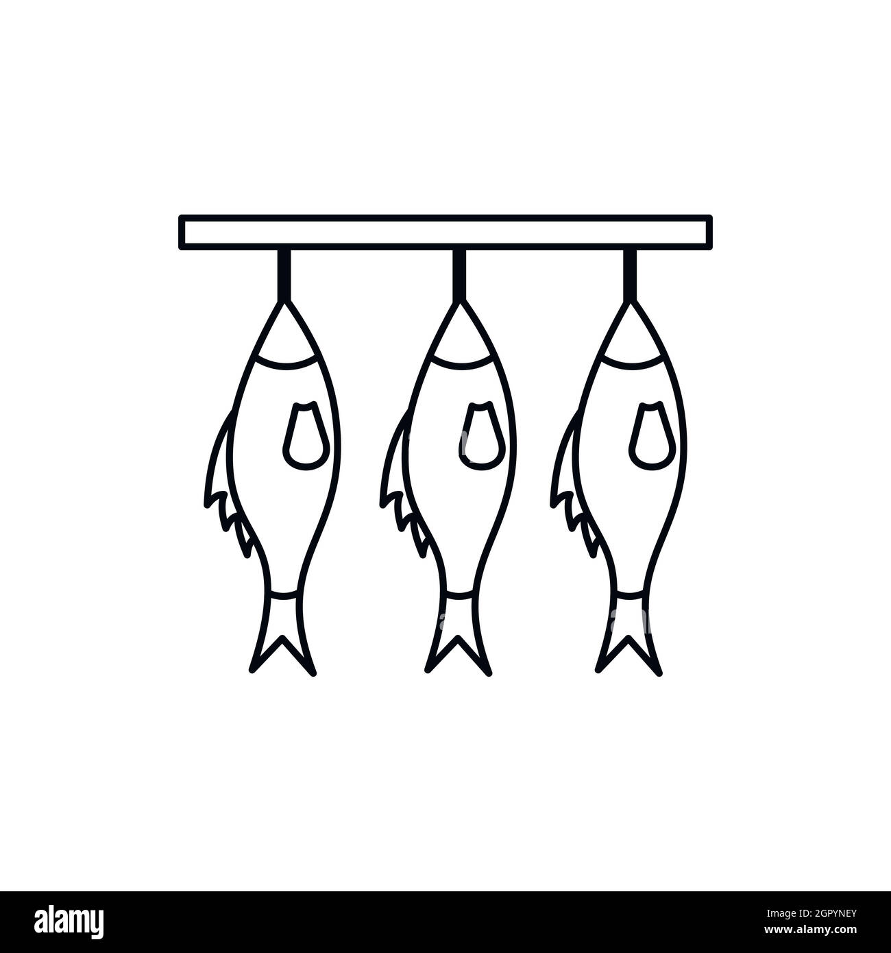 Three dried fish hanging on a rope icon Stock Vector