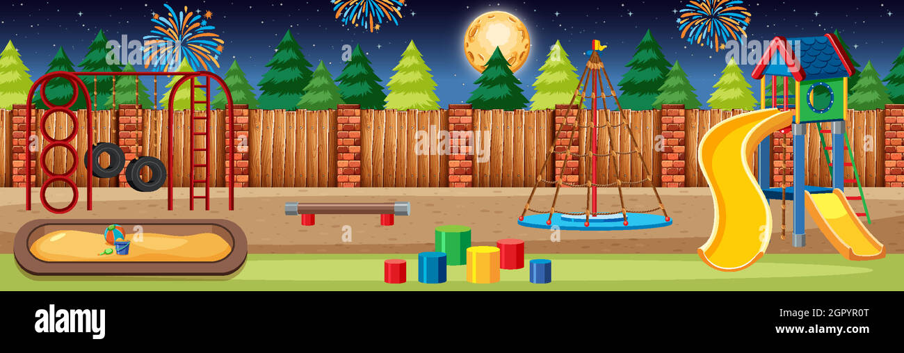 Kids playground in the park with big moon and fireworks in the sky at night cartoon style panorama scene Stock Vector