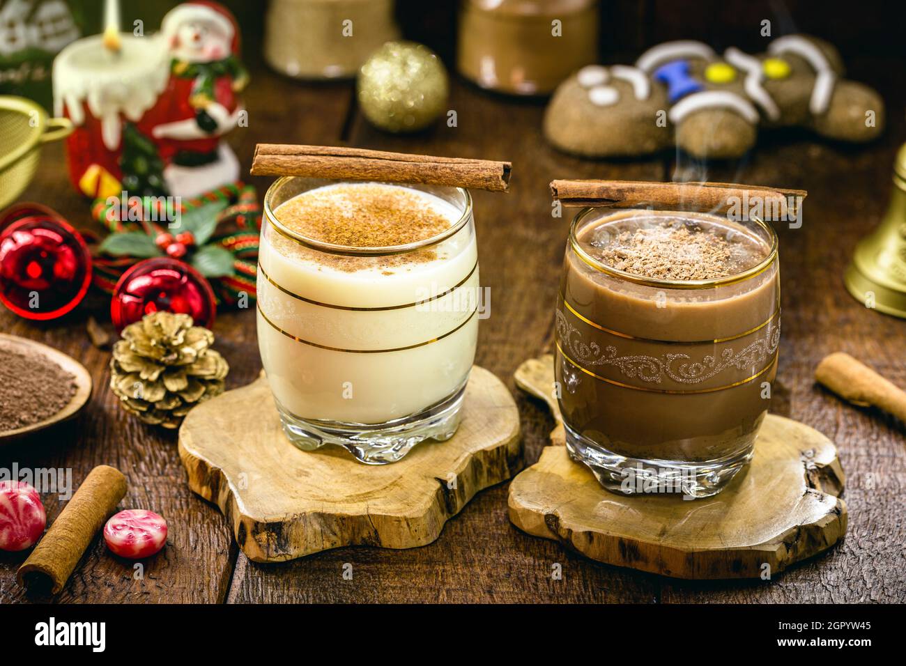 Eggnog and hot chocolate, typical American Christmas drinks, served hot