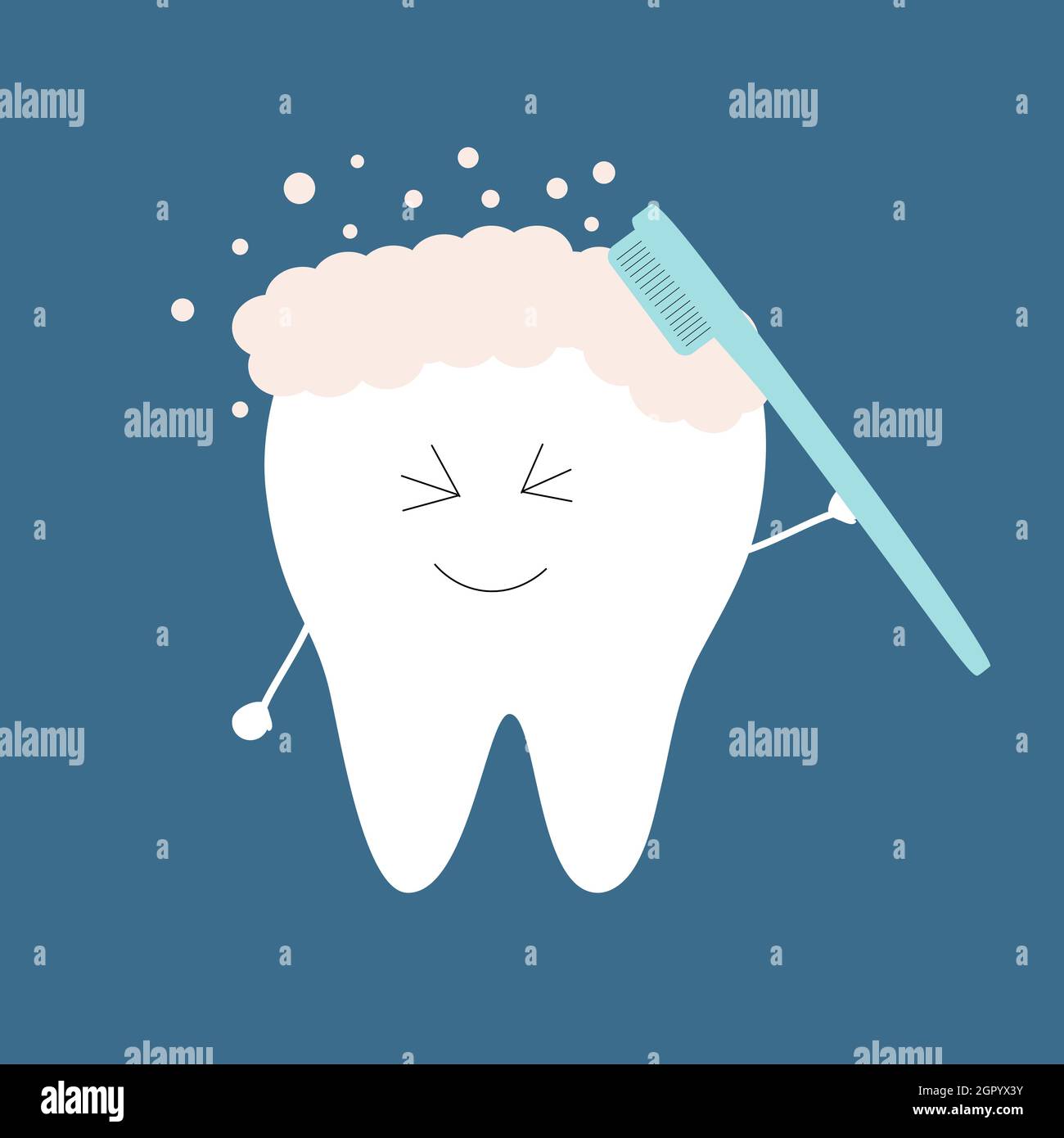 Cute tooth with a toothbrush brushes himself with toothpaste. Stock Vector