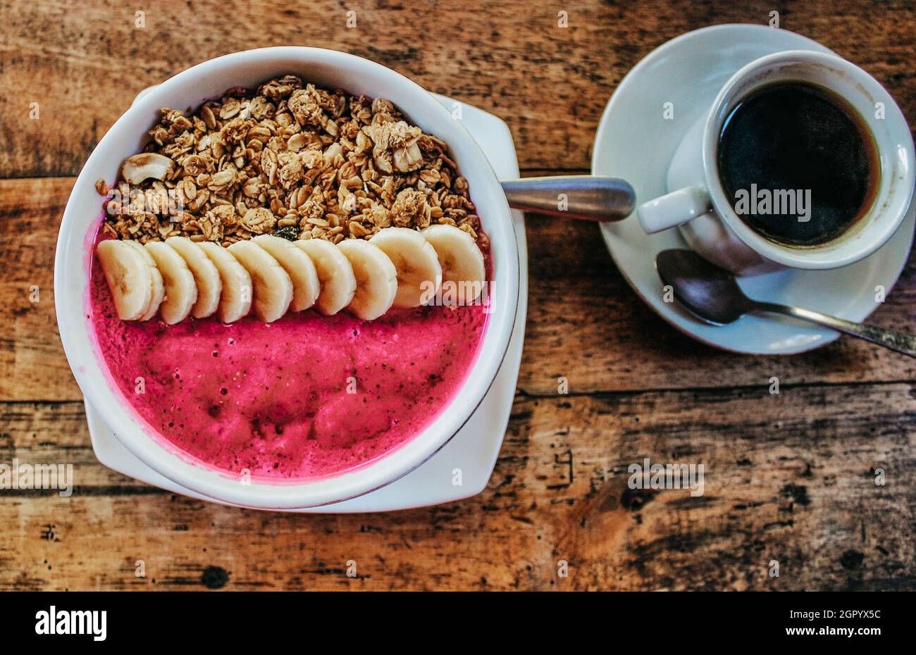 dragon fruit smoothie bowl and coffee Stock Photo
