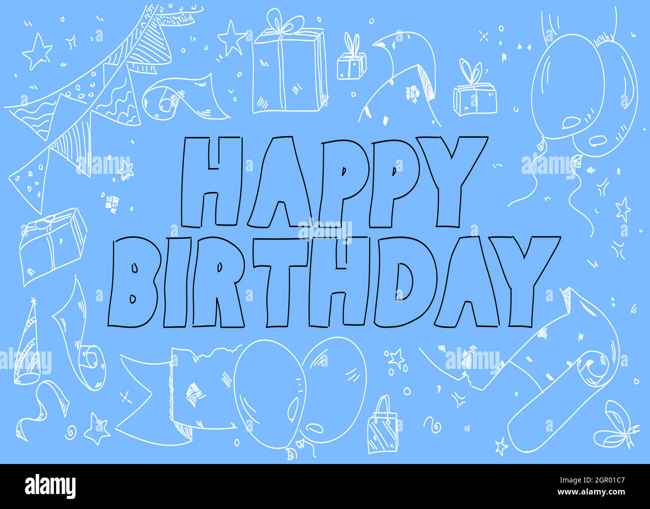 Doodle word Happy Birthday typography. Drawn minimal lines. Stock Vector