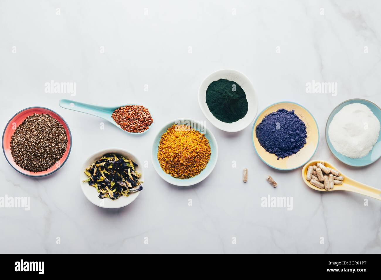 Variety Of Healthy Food Supplements Such As Blue Matcha, Butterfly Pea