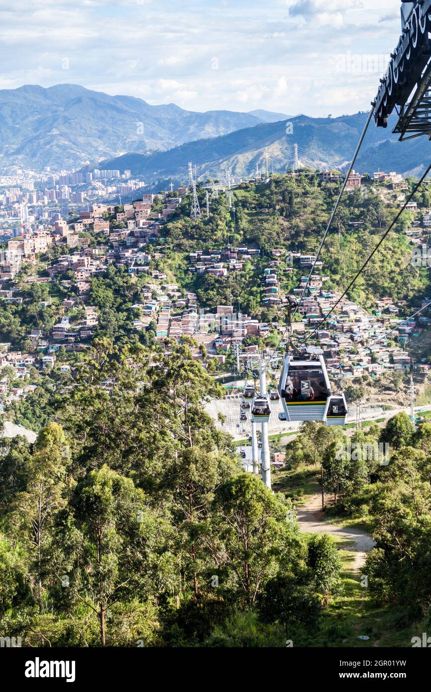 MEDELLIN, COLOMBIA - SEPTEMBER 1: Medellin cable car system connects poor neighborhoods in the hills around the city. Stock Photo
