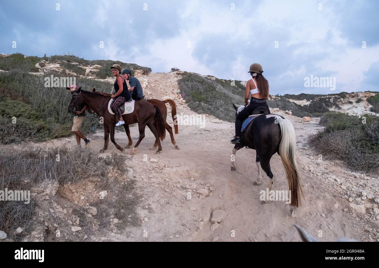 Ranch horse riding sunset trek, Peyia, Paphos, Cyprus Stock