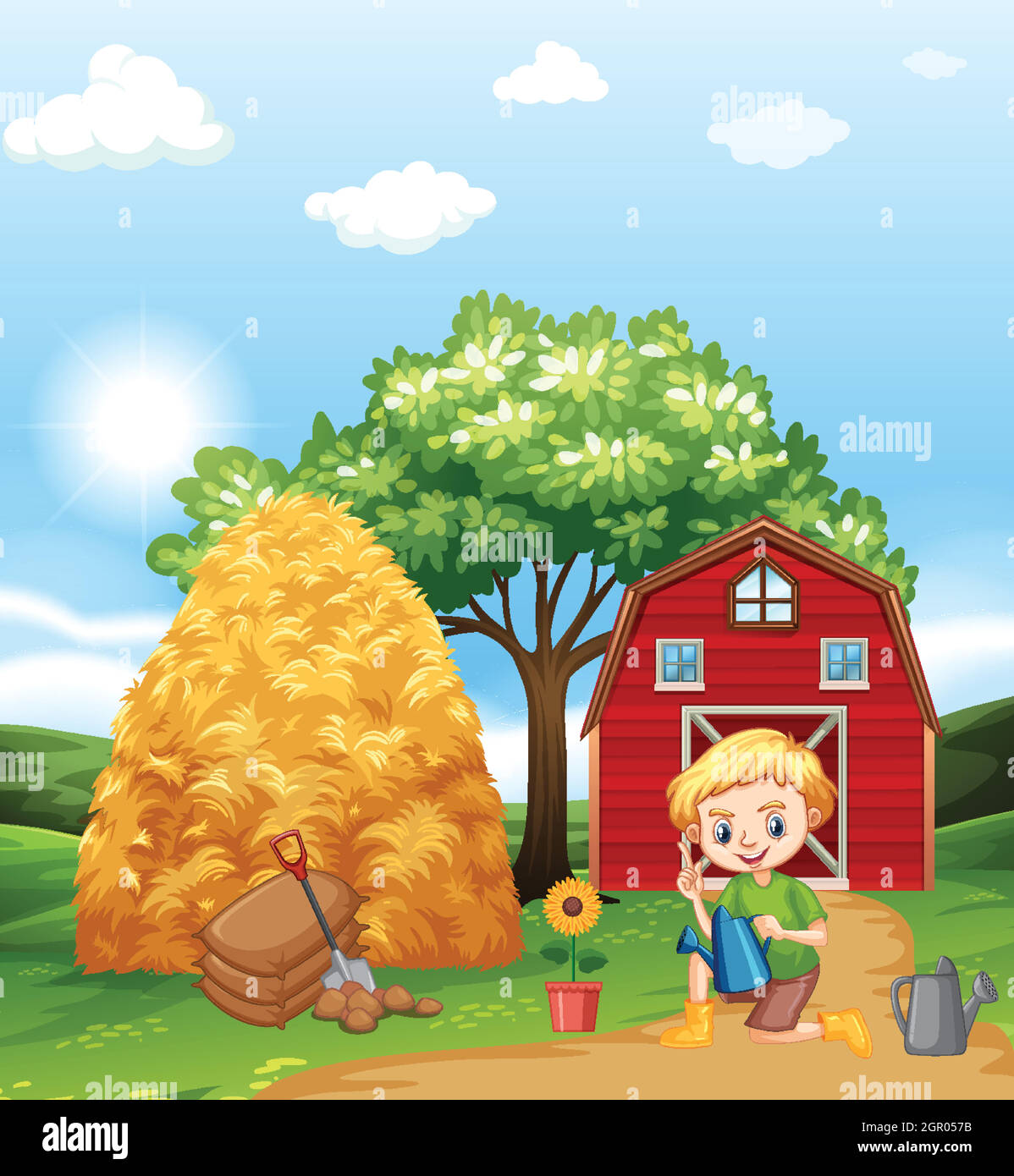 Farm scene with boy planting flower on the farm Stock Vector Image ...