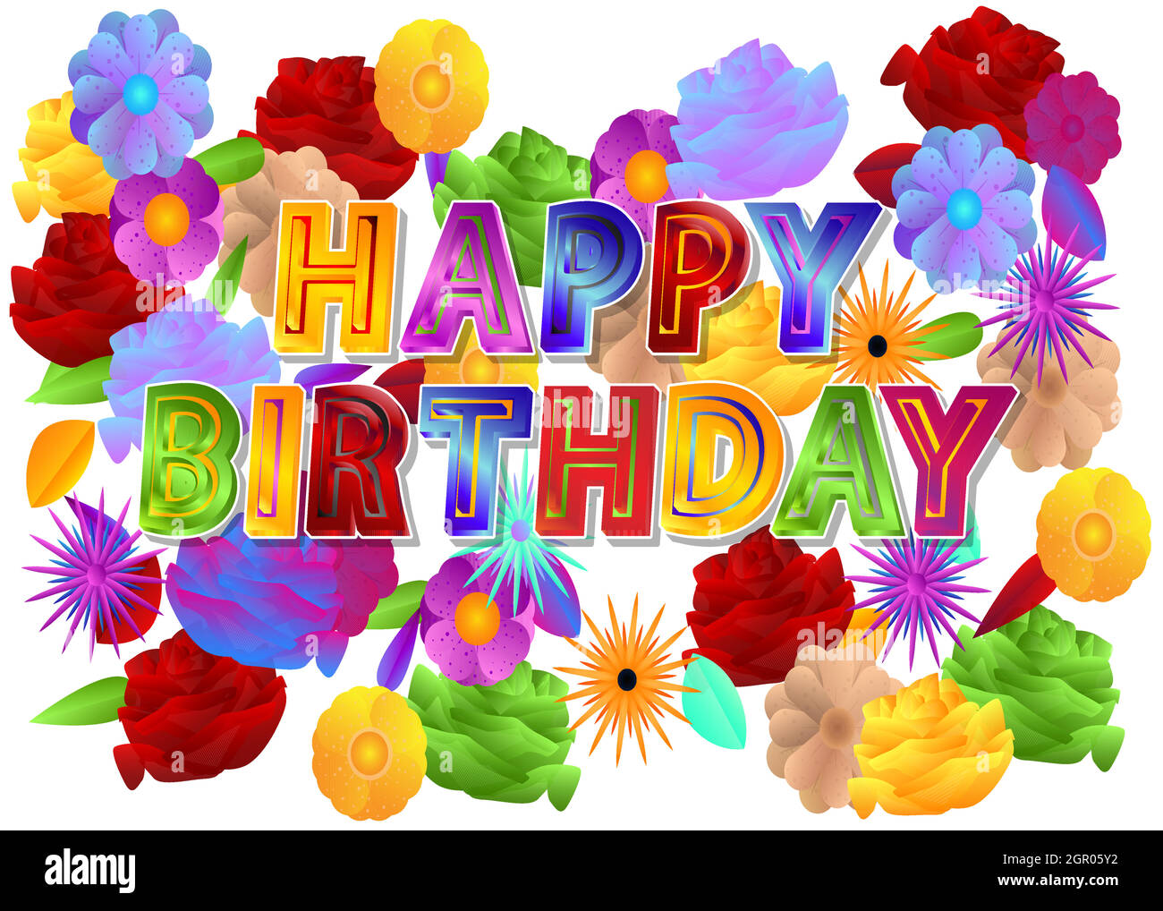 Beautiful Happy Birthday greeting card with multicolored flowers on the