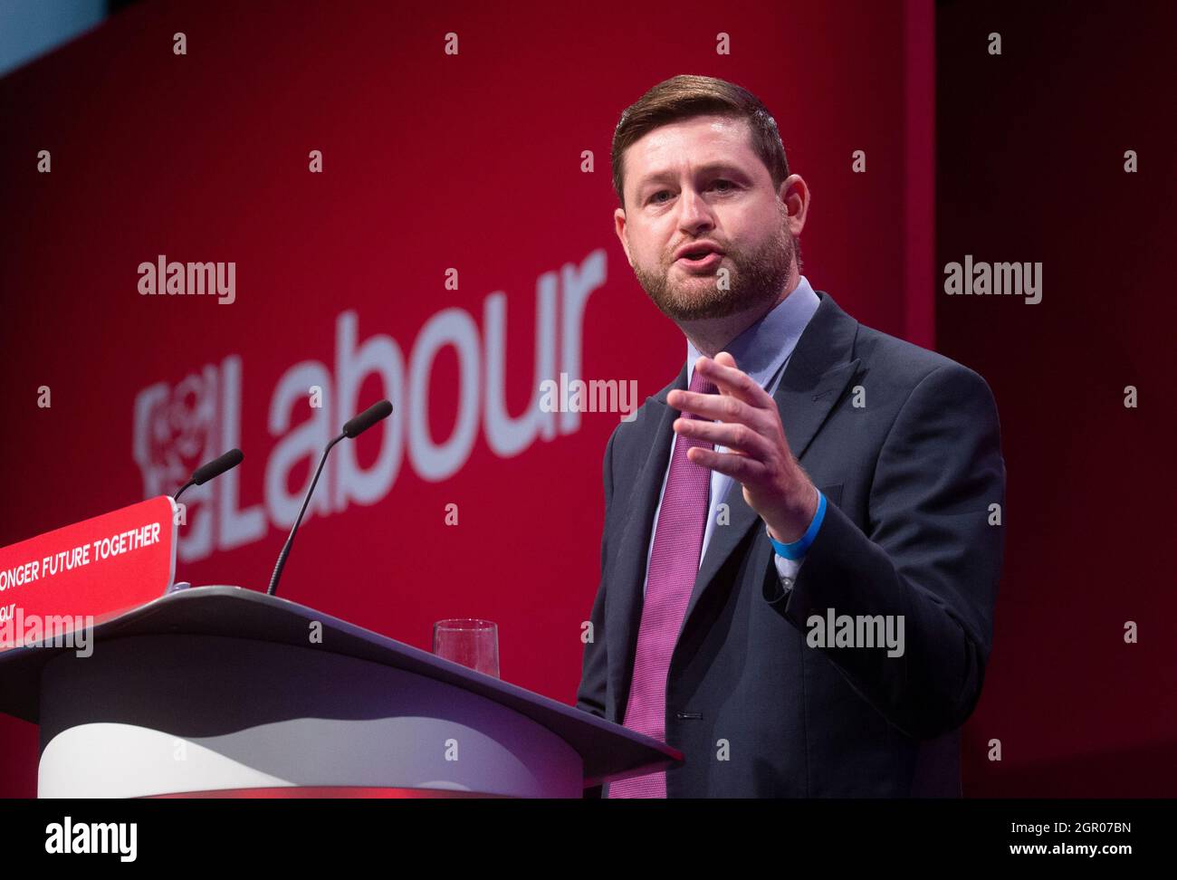 Jim McMahon, Shadow Secretary of State for Environment, Food and Rural Affairs, speaks at the Labour Party Conference in Brighton. Stock Photo