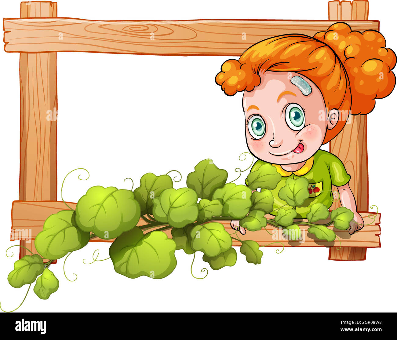 A frame with vine plants and a young girl Stock Vector