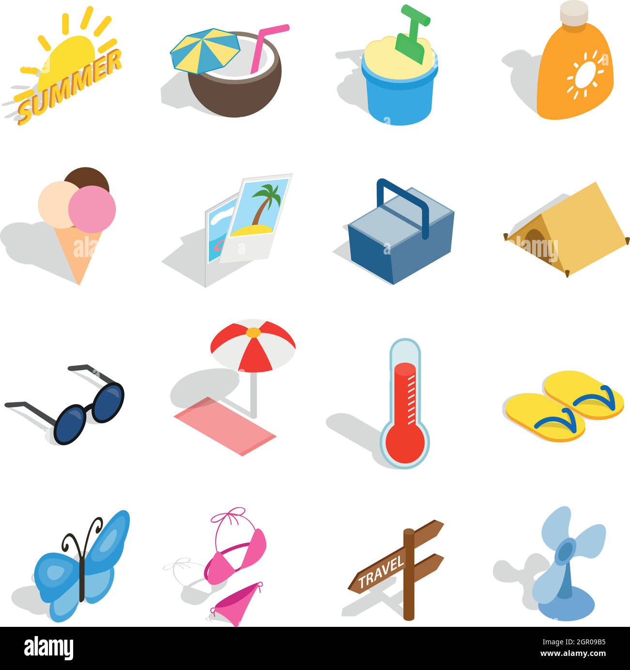 Summer icons set, isometric 3d style Stock Vector