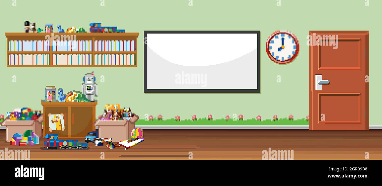 Background scene with whiteboard and toys Stock Vector