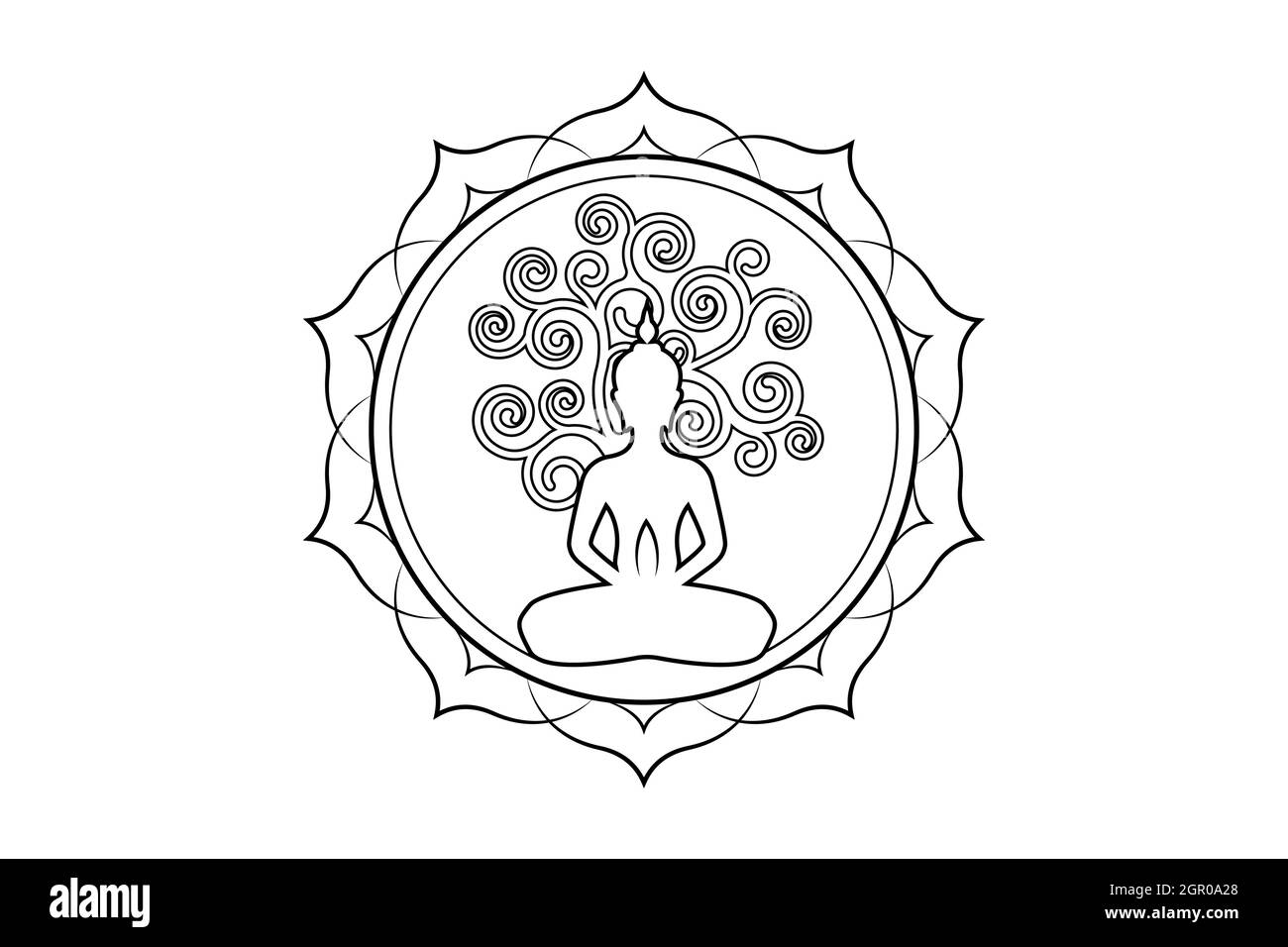 Visakha Puja Day, Buddha statue and Bodhi tree in Sacred lotus logo template. Sacred tree, Ficus religiosa, Tree of life concept. Vector isolated sign Stock Vector