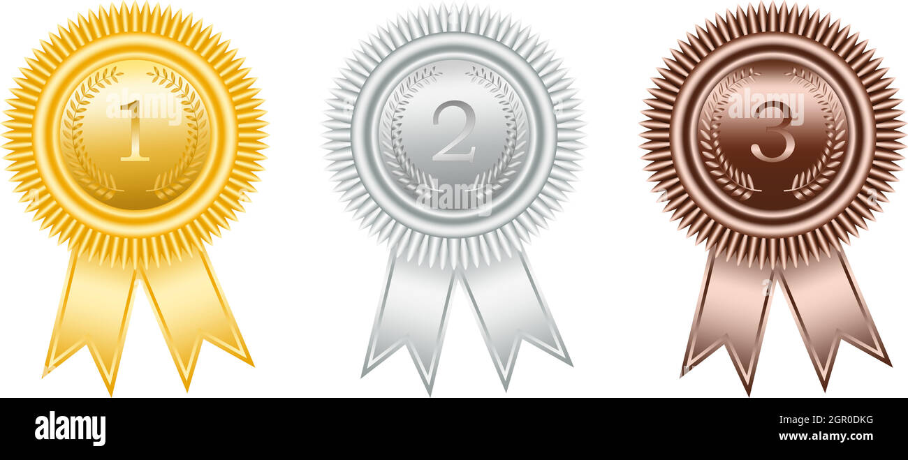 Award ribbon in gold, silver and bronze with laurel wreath as 