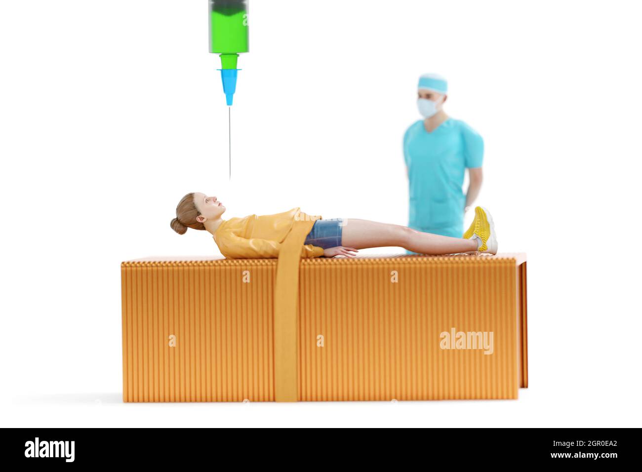 Forced vaccination concept with miniature people, woman tied to bed made out of staples, syringe with green liquid about to inject and medical staff w Stock Photo