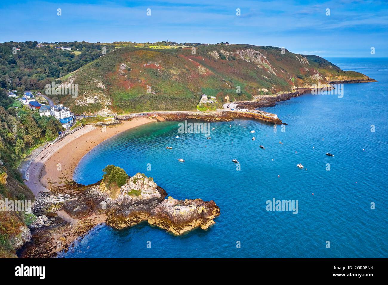 Aerial drone view of Bouley Bay in the sunshine. Jersey, Channel Islands Stock Photo