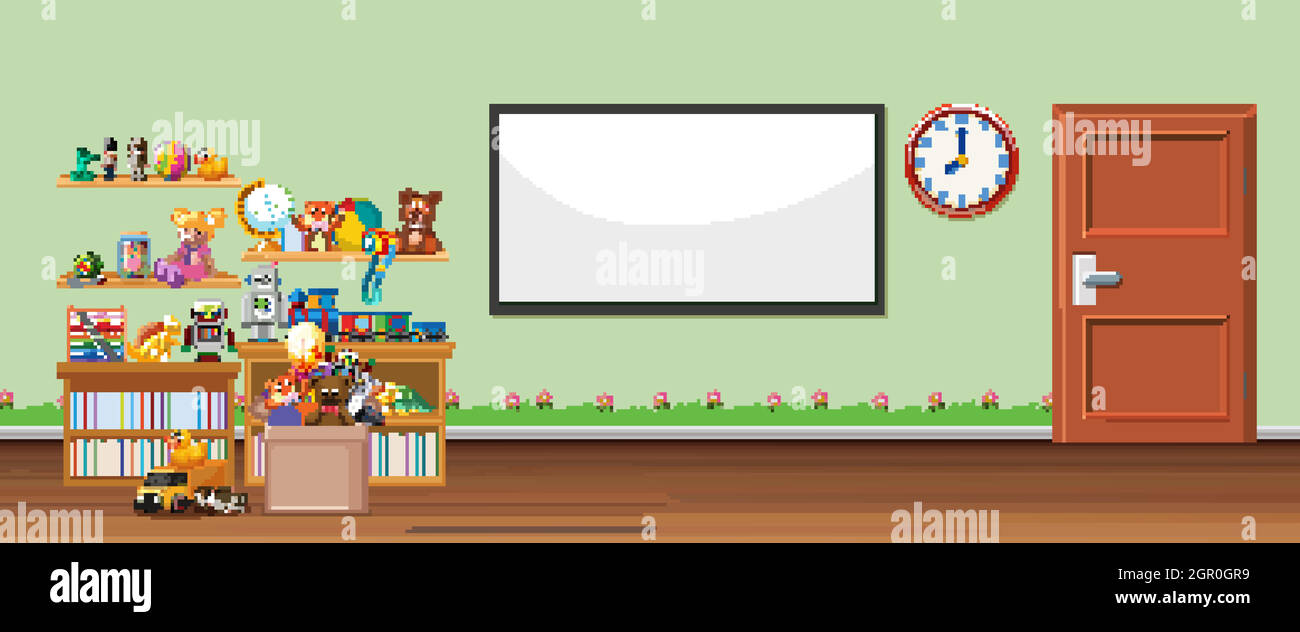Background scene with whiteboard and toys Stock Vector