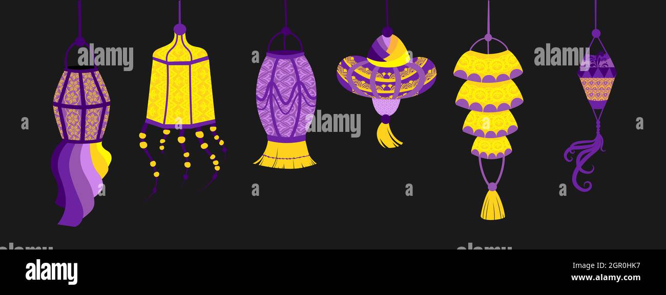 Set of various Indian lanterns. Hand painted holiday candles and lights