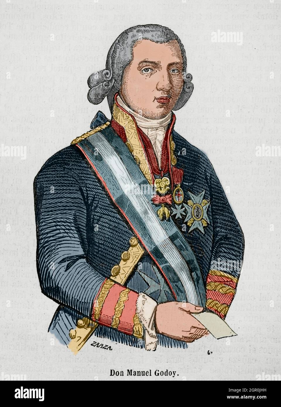 Manuel de Godoy y Alvarez de Faria (1767-1851). Spanish politician. First Secretary of State of Spain from 1792 to 1797. 'Prince of Peace' and favourite of Charles IV and Queen Maria Luisa. Illustration by Zarza. Portrait. Engraving. Later colouration. Historia General de España by Father Mariana. Madrid, 1853. Stock Photo