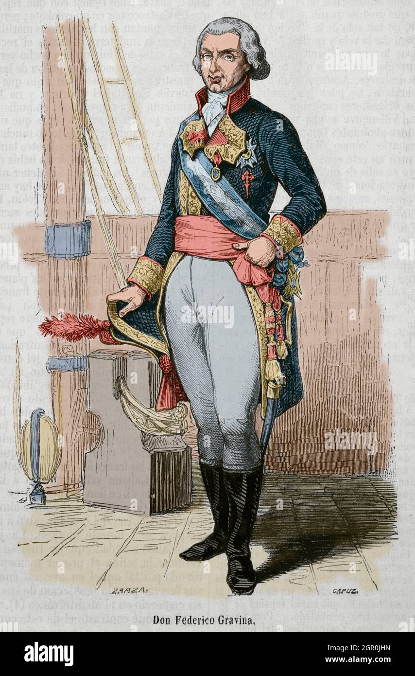 Federico Gravina (1756-1806). Spanish admiral during the American Revolution and Napoleonic Wars. He died as a result of the wounds suffered during the Battle of Trafalgar. Portrait. Illustration by Zarza. Engraving by Capuz. Later colouration. Historia General de España by Father Mariana. Madrid, 1853. Stock Photo