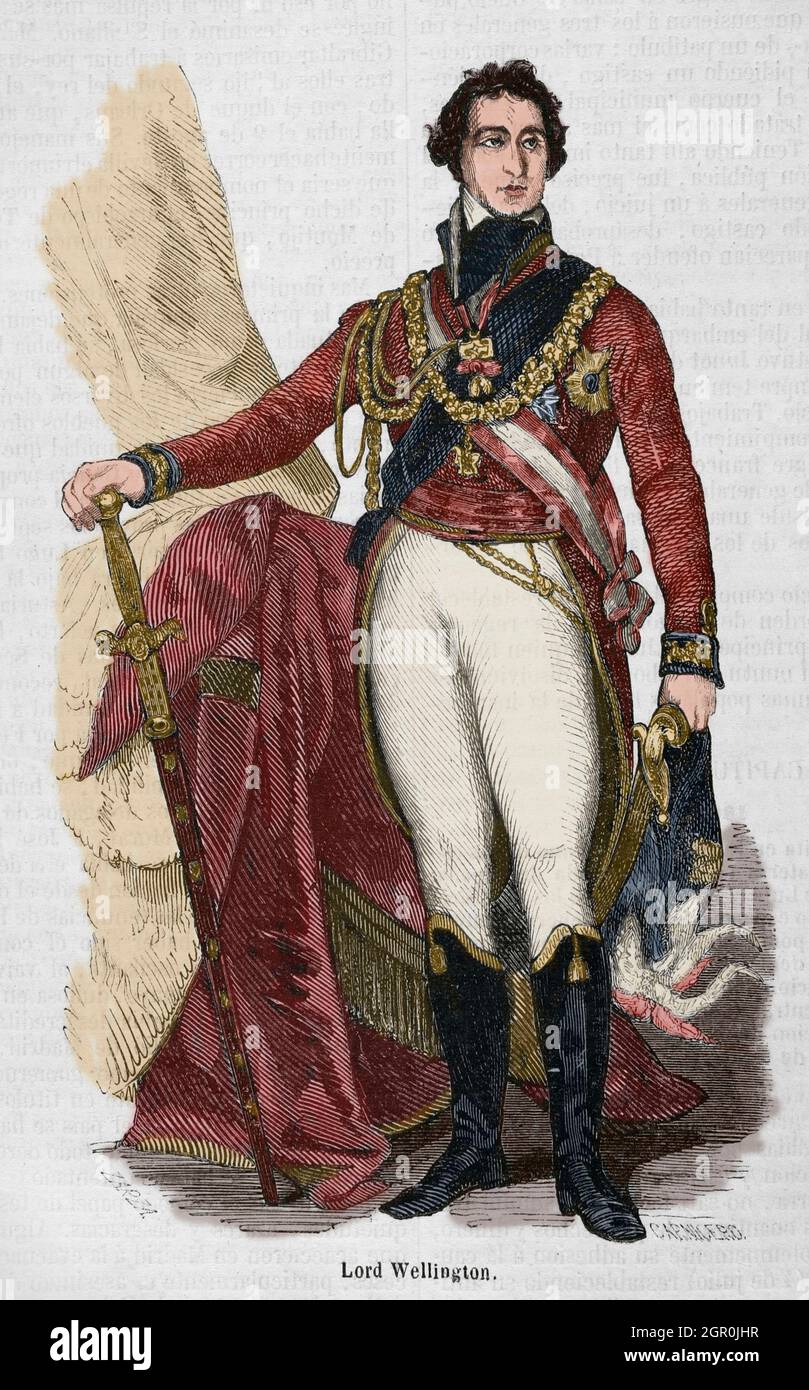 Arthur Colley Wellesley, 1st Duke of Wellington (1769-1852). British general and politician. During the Peninsular War he led the British troops fighting in Spain against Napoleon. Portrait. Illustration by Zarza. Engraving by Carnicero. Later colouration. Historia General de España by Padre Mariana. Madrid, 1853. Stock Photo