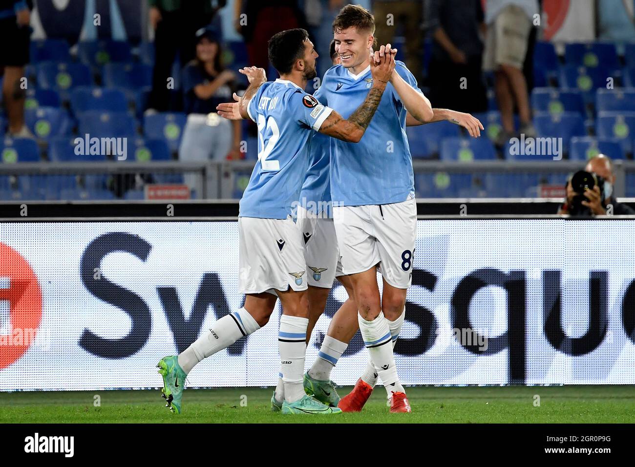 Rome, Italy. 30th Sep, 2021. Toma Basic of SS Lazio (r) celebrates with Danilo Cataldi and Patric Gil after scoring the goal of 1-0 during the Europa League group stage football match between SS Lazio and Lokomotiv Moskva at Olimpico stadium in Rome (Italy), September 30th, 2021. Photo Antonietta Baldassarre/Insidefoto Credit: insidefoto srl/Alamy Live News Stock Photo