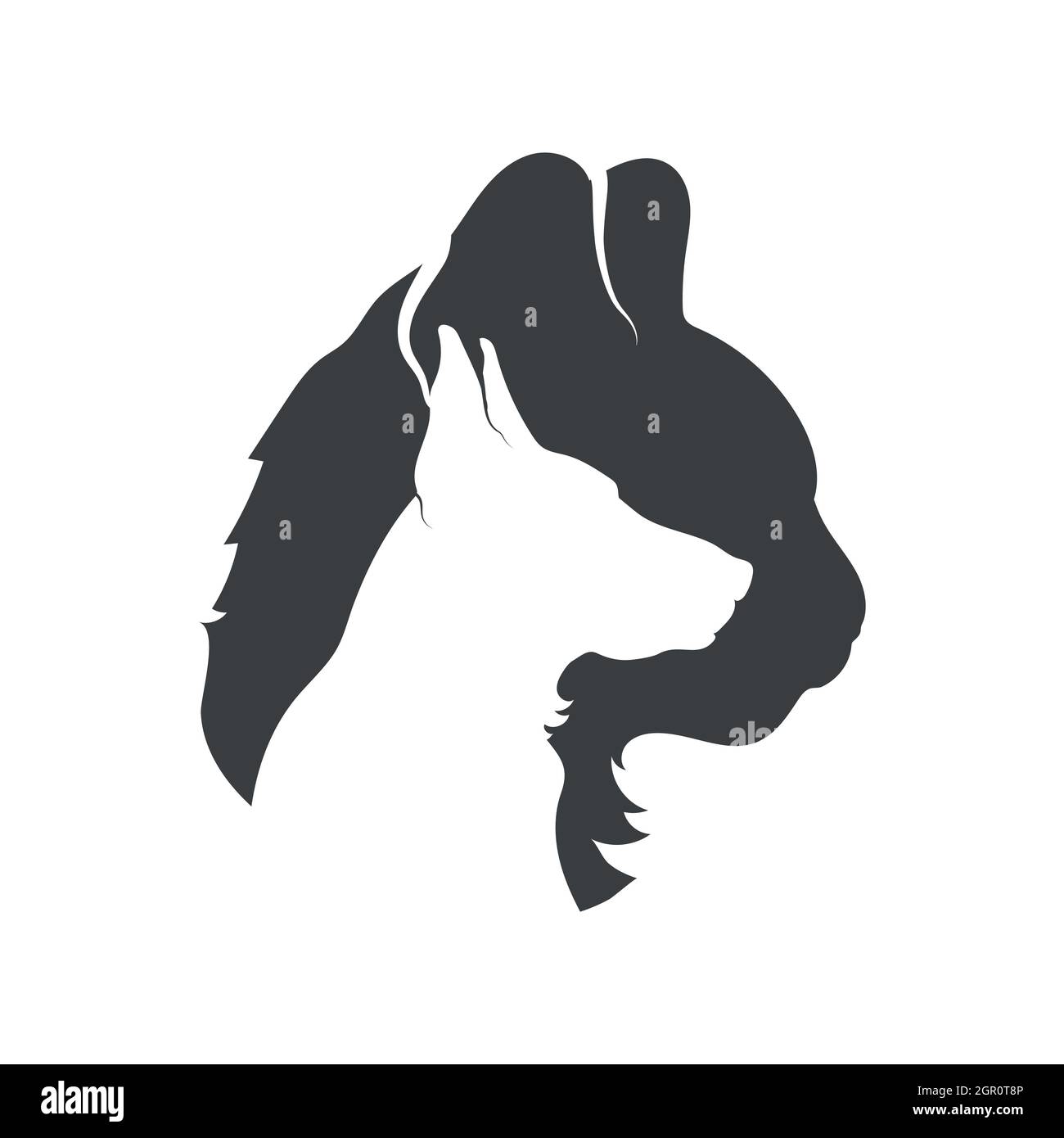 Detailed cat and dog combined profile silhouette, simple icon on white