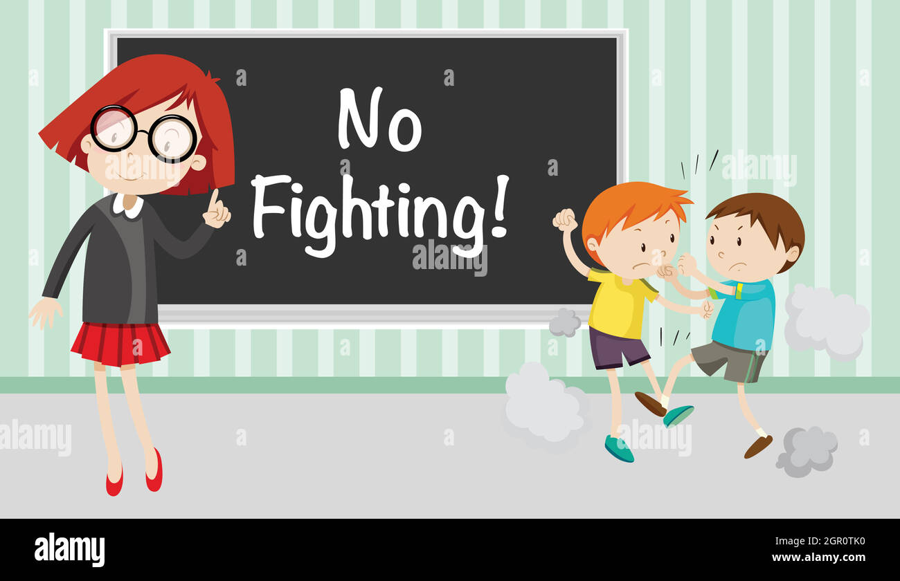 Boy fighting in front of no fighting sign Stock Vector