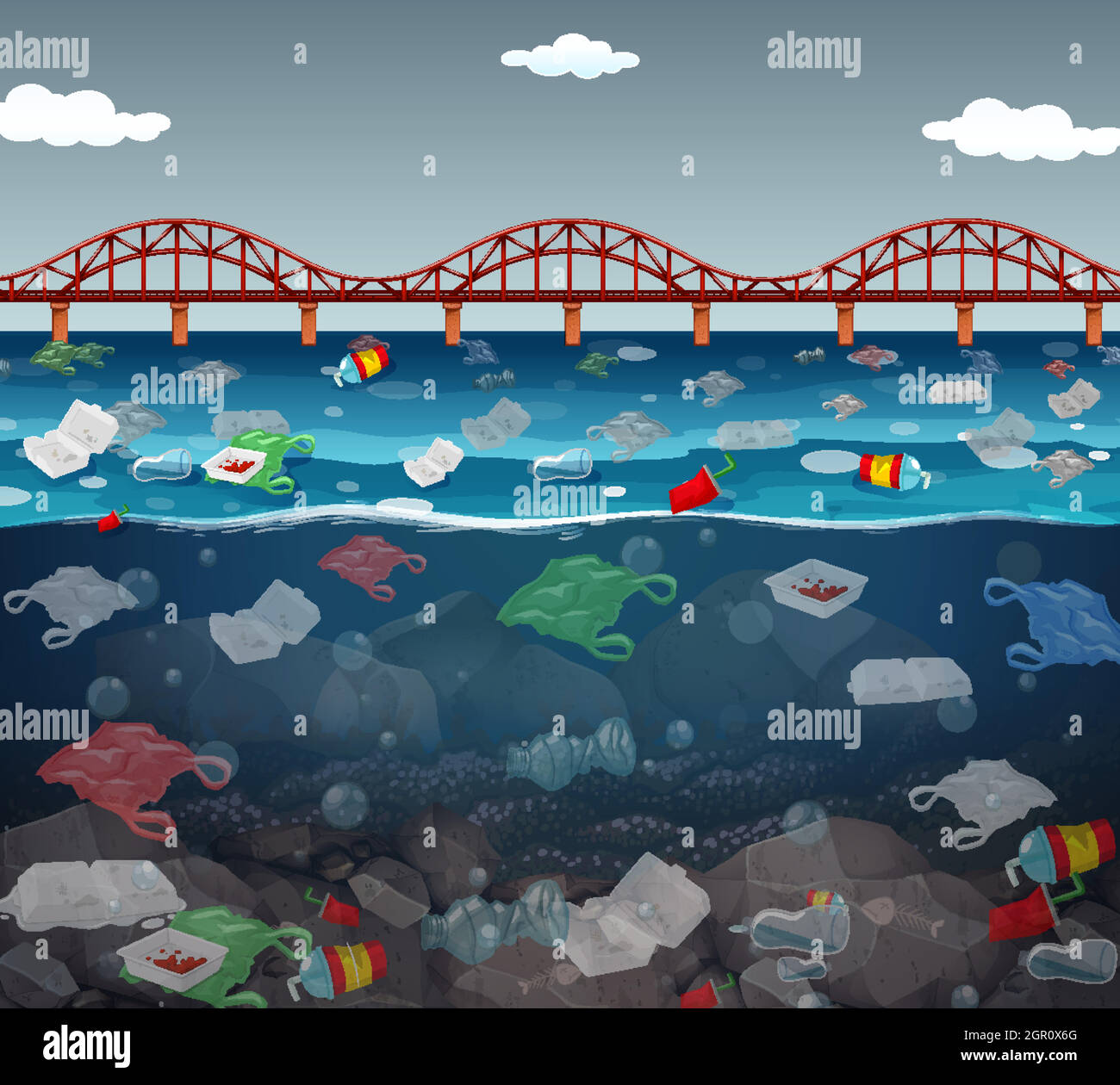 Water pollution with plastic bags in Stock Vector